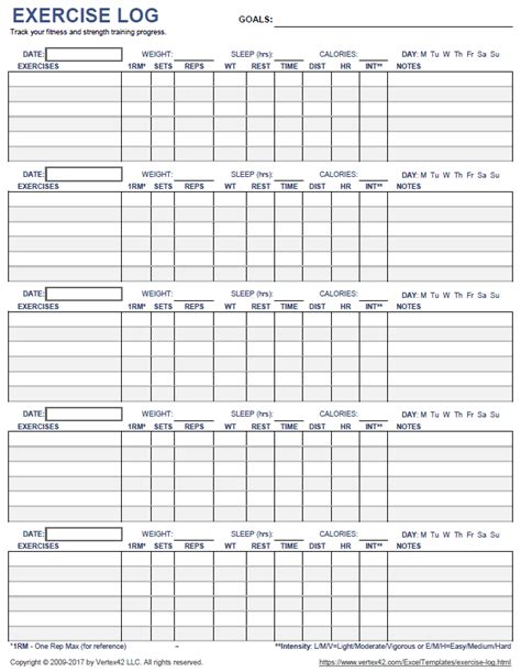 Exercise Log (5 Days) | Workout sheets, Workout log printable, Exercise log template