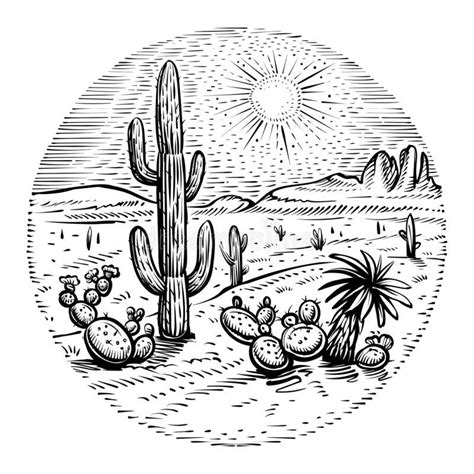 Western Art Drawing: Cactus and Sun