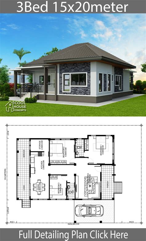 Home design plan 15x20m with 3 BedroomsHouse description:One Car Parking and gardenGround Le ...