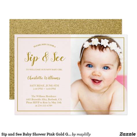 Sip and See Baby Shower Pink Gold Glitter Photo Invitation | Pink gold ...
