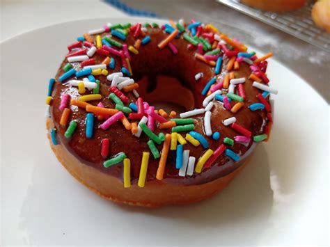 [Homemade] chocolate glazed donut with rainbow sprinkles : r/food