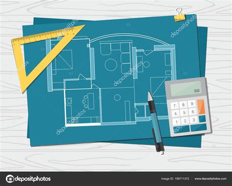 Workplace - technical project architect house plan blueprint. Construction background. Stock ...
