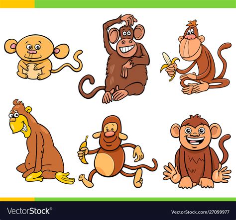 Monkeys and apes animal characters cartoon set Vector Image