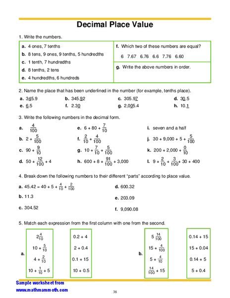 Decimal Place Value Worksheet for 5th Grade | Lesson Planet