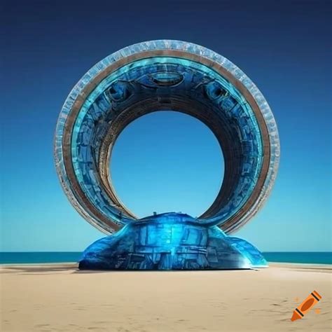 Sunny beach with a large blue stargate on Craiyon