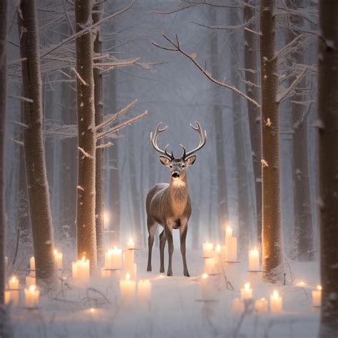 Premium AI Image | a deer is standing in the snow with lights around it.