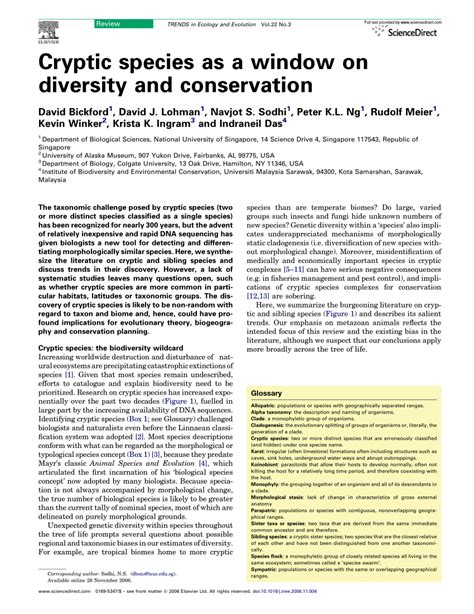 (PDF) 2007. Cryptic species as a window on diversity and conservation ...