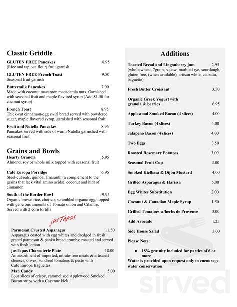 Cafe Europa menu in Palm Springs, California, USA