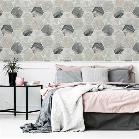 Marbled Hex Wallpaper Charcoal / Rose Gold Arthouse 908502