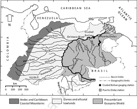 Map of the Orinoco River basin showing the major tributaries, the three... | Download Scientific ...