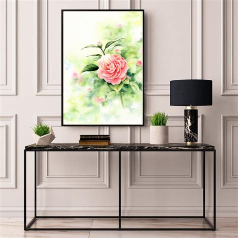 Camellia Spring Blooms Evergreen Painting. Pink Flower Watercolor Art Print. Floral Theme Garden ...