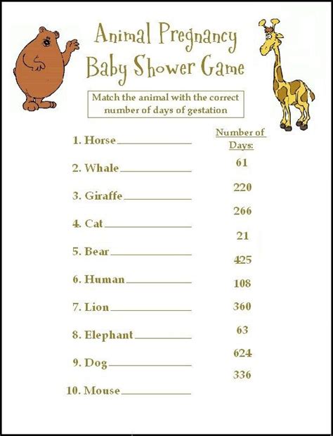 Animal Gestation Period | Baby shower fun, Fun baby shower games, Animal baby shower games