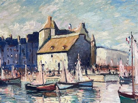 French School - Honfleur Harbour Vintage French Signed Oil Painting ...