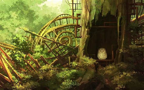 Anime ruins, forest, owl, foliage, plants, landscape, Anime, HD wallpaper | Peakpx