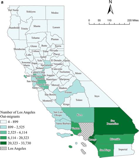 Annual average migrants from Los Angeles (a) and San Francisco (b ...