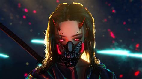 Cyberpunk Girl Oni Mask Live Wallpaper - MoeWalls