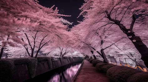 The Cherry Blossoms Around A Canal Is Pink At Night Background, Cherry Blossom Pink Spring, Hd ...