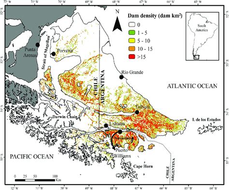 Beaver dam density (dams per km 2 ) in a search radius of 1 km 2 . The ...