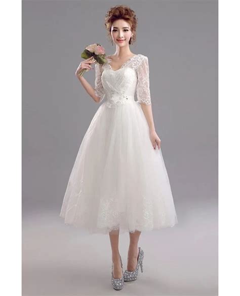 Backless Midi Ivory Bridal Party Dress With 1/2 Lace Sleeves #AGP18057 - GemGrace.com