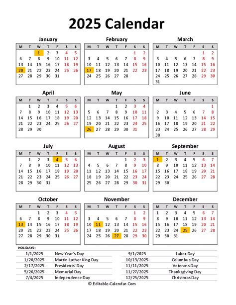 Download Fillable 2025 Calendar With Us Holidays Portrait, weeks start ...