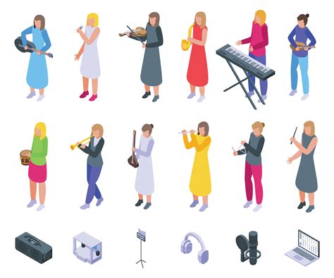 Female musician icons set isometric vector. Woman music 25806298 Vector ...