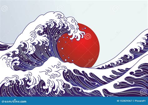 Traditional Japan Wave, Big Red Sun Illustration. Japan Flag Design ...