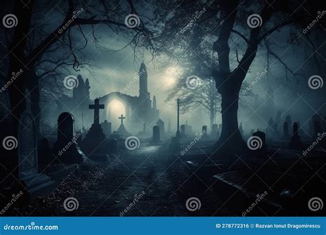 Dark Graveyard at Night, Shrouded in Thick Fog and an Eerie Horror ...