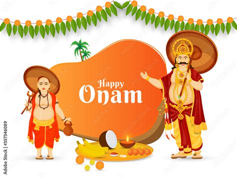 Happy Onam Celebration Poster Design with Cheerful King Mahabali, Vamana Avatar, Aranmula Boat ...