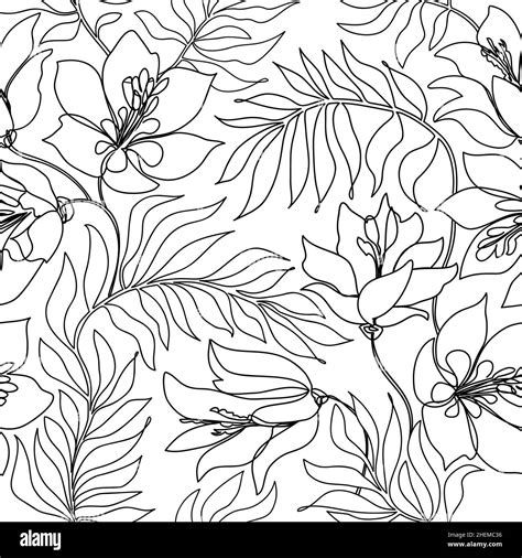 Floral pattern. Flower and leaves seamless line art drawn background ...