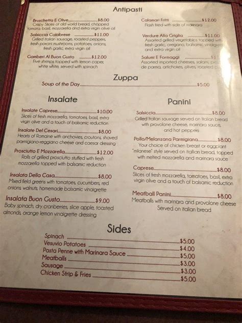 Menu at Trattoria Buon Gusto restaurant, Ireton