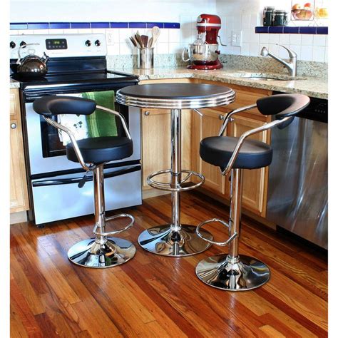 AmeriHome Retro Style 37 in. Adjustable Height Bar Table Set in Black with Padded Chairs(3-Piece ...