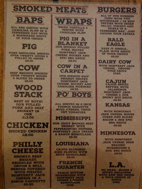 Menu at Inkie's Smokehouse restaurant, Liskeard