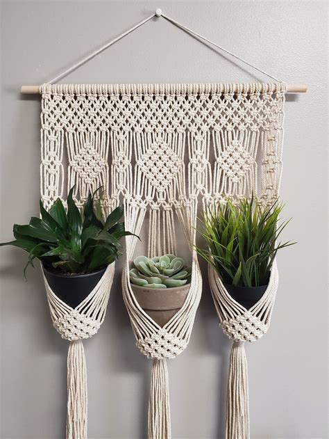 Diamond triple plant hanger / Small macrame wall hanging / | Etsy in ...