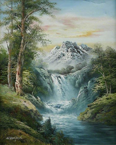 Waterfall and Mountains Sunset Canvas Painting, Texture Painting On Canvas, Forest Painting ...