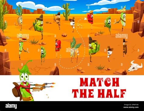 Match half of cartoon cowboy and bandit vegetable characters, vector game puzzle worksheet. Wild ...