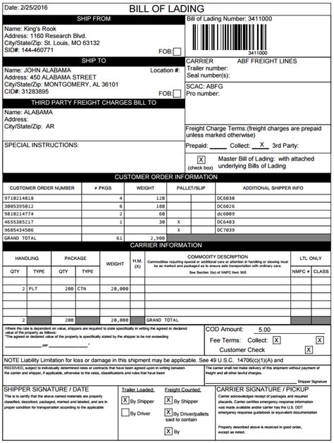 Vics Bill Of Lading Template