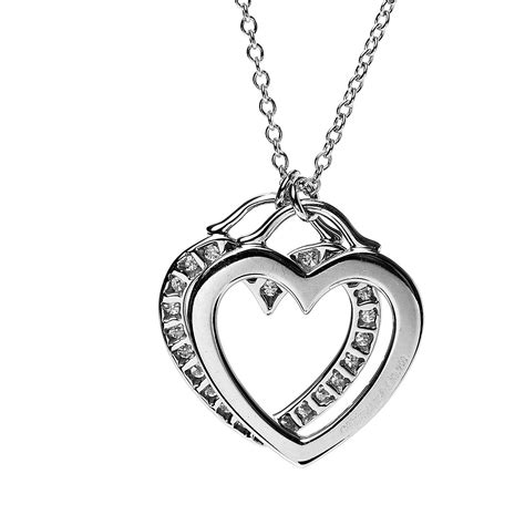 TIFFANY 18K White Gold Diamond Double Heart Pendant Necklace 482814 | FASHIONPHILE