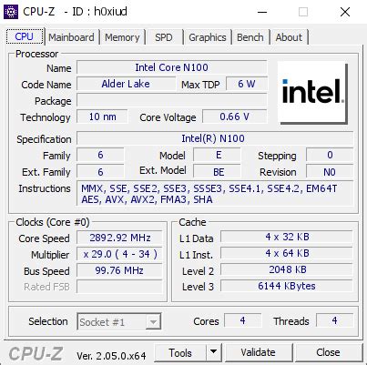 Intel Core N100 @ 2892.92 MHz - CPU-Z VALIDATOR