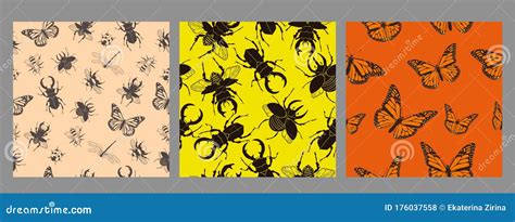 Set of Seamless Patterns with Insects. Vector Graphics Stock ...