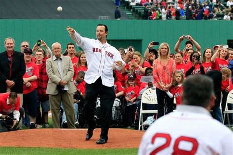 Tim Wakefield retirement honor day at Fenway May 15, 2912-surrounded by Wakefield's Warriors all ...