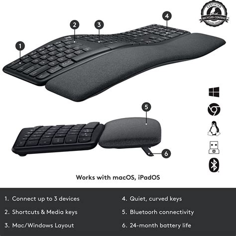 Logitech ERGO K860 Split Wireless Keyboard and Lift Left Vertical ...