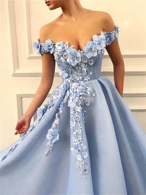 Off Shoulder Blue Lace Prom Dresses Long, Blue Floral Off the Shoulder ...