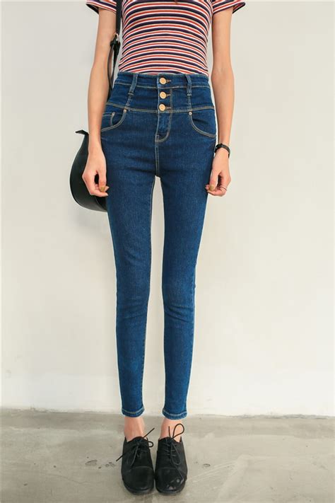 Korean Style Buttons Decorated Skinny Jeans High Waisted Raw Denim Jeans