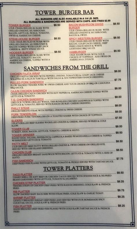 Menu at The Tower Bar & Grill, Fort Wayne