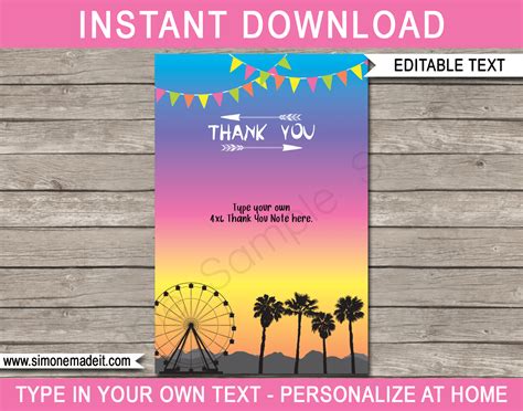 Coachella Party Thank You Cards template – bright colors | Thank you card template, Coachella ...