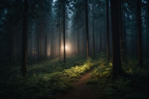 Premium AI Image | Foggy forest at night with footpath and ferns