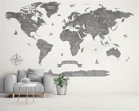 Extra Large World Map Wall Decal Grey World Map Wall Sticker Travel Map ...