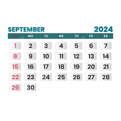 September Monthly Calendar 2024 With Transparent Background Vector ...