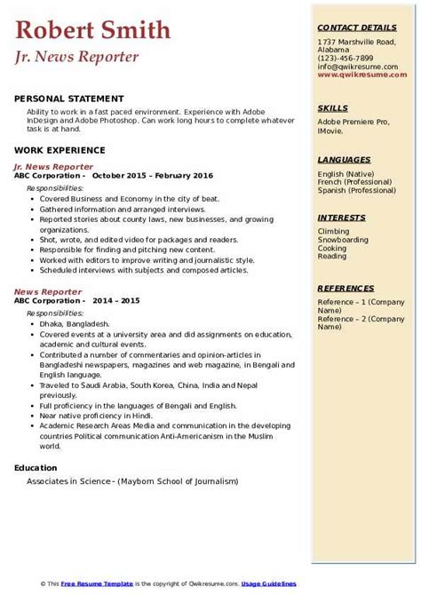 News Reporter Resume Example - Riset