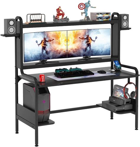 TIYASE Gaming Desk with Monitor Stand, 55 Inch Gaming Computer Desk with Hutch and Storage ...